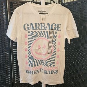 Garbage White Band Tee with Pink and Blue Graphic